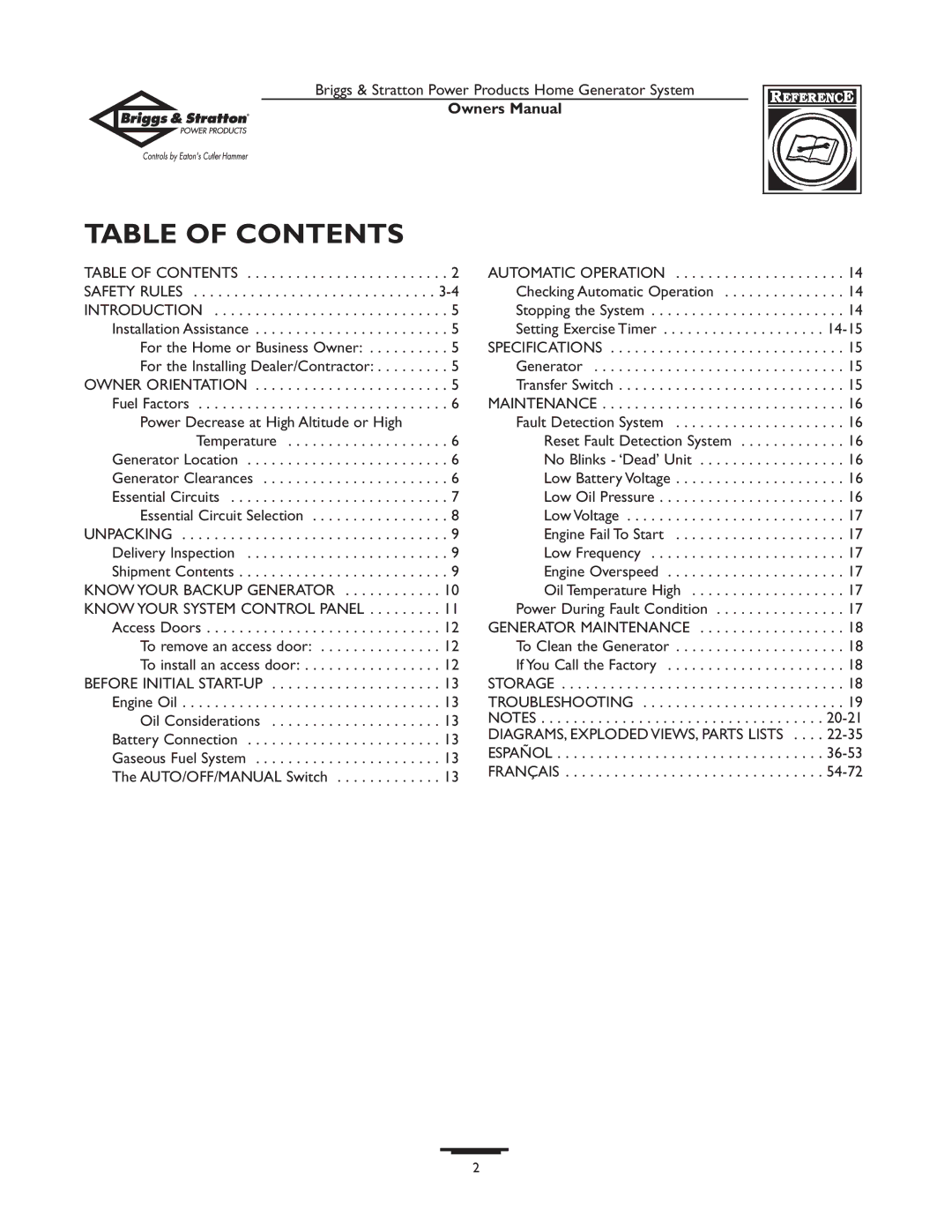 Briggs & Stratton 190839GS owner manual Table of Contents 