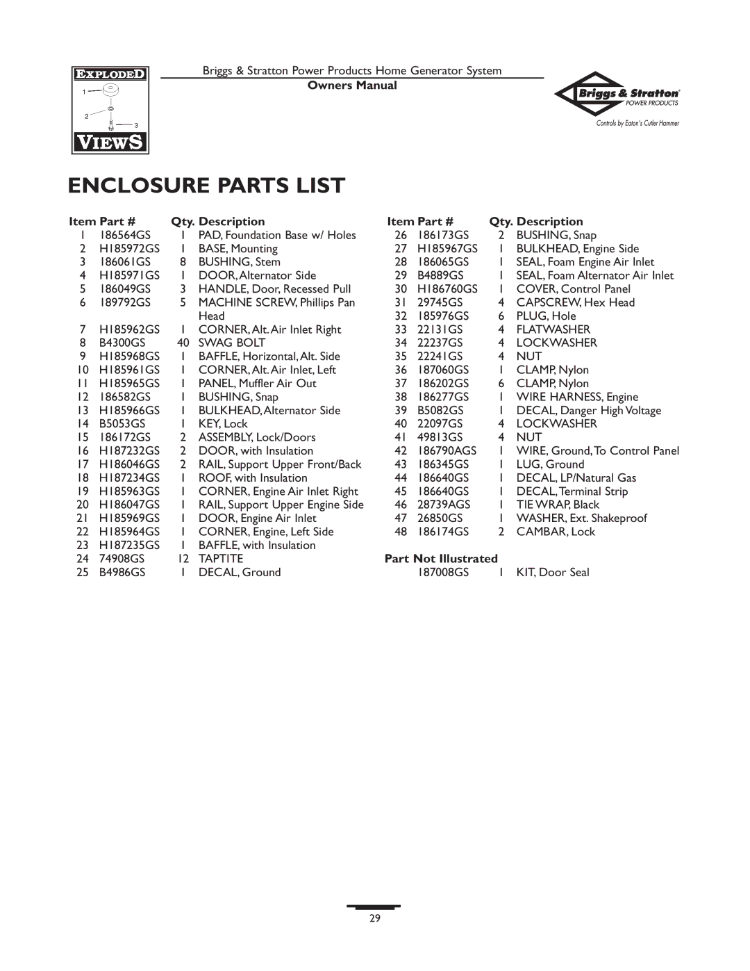 Briggs & Stratton 190839GS owner manual Enclosure Parts List, Part Not Illustrated 