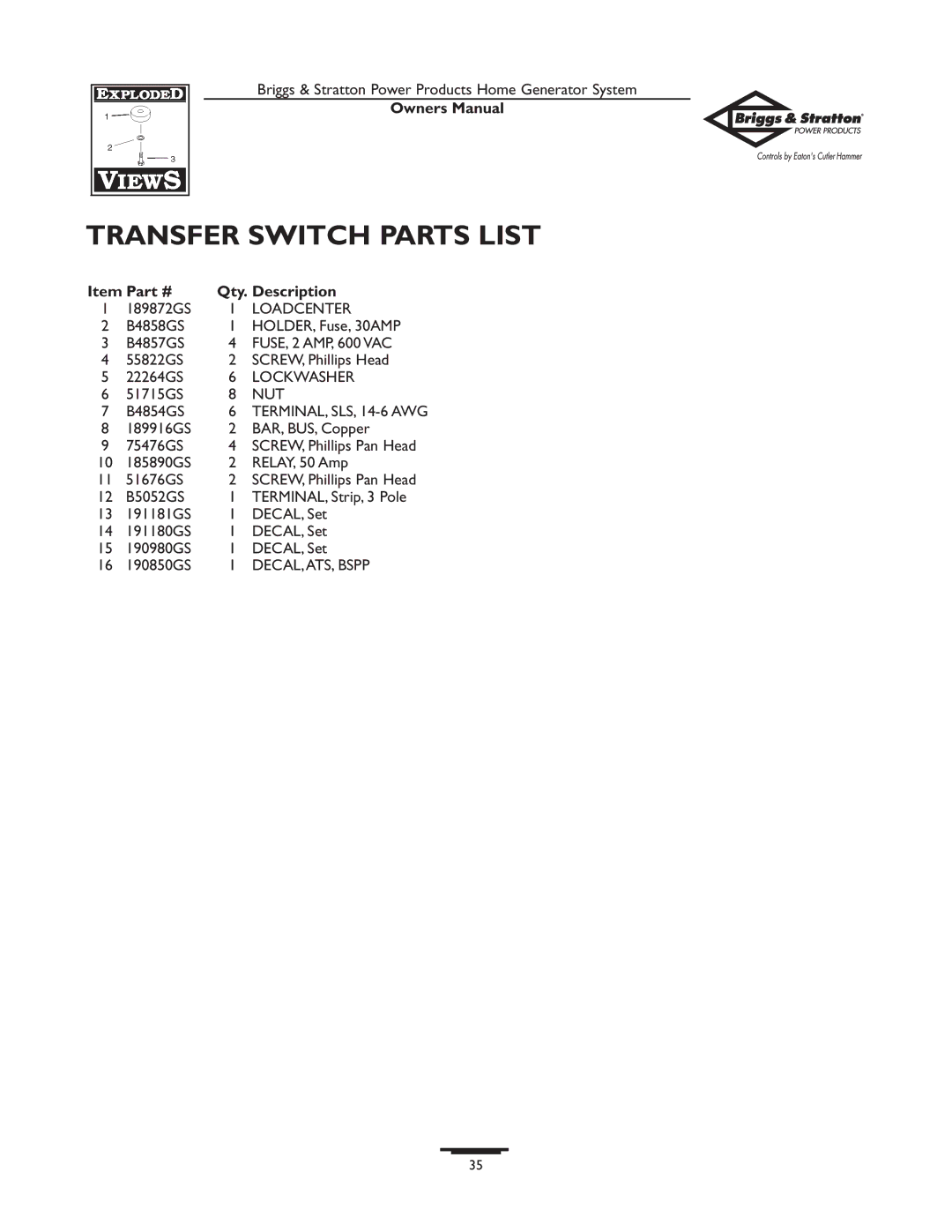 Briggs & Stratton 190839GS owner manual Transfer Switch Parts List, Loadcenter 