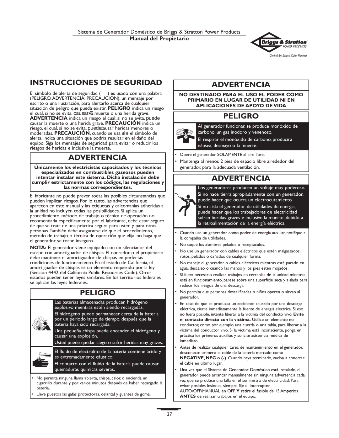 Briggs & Stratton 190839GS owner manual Instrucciones DE Seguridad, Advertencia, Peligro 