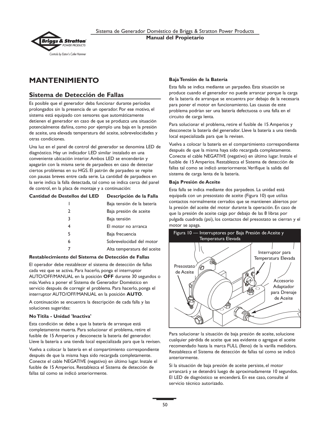 Briggs & Stratton 190839GS owner manual Mantenimiento, Sistema de Detección de Fallas 