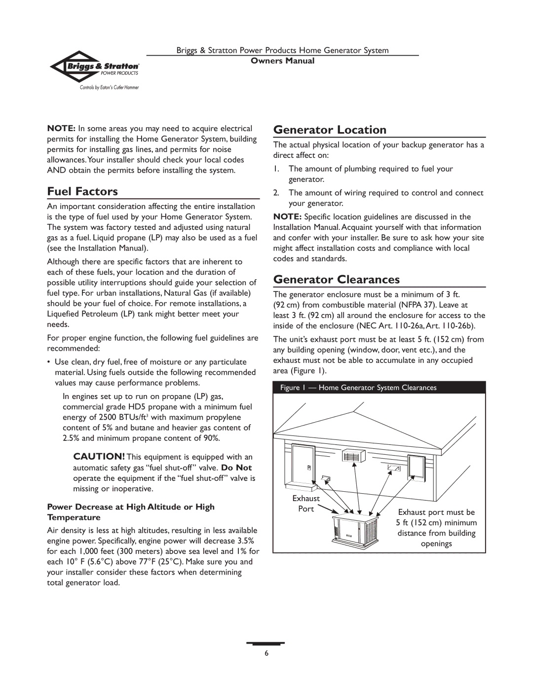 Briggs & Stratton 190839GS owner manual Generator Location, Fuel Factors, Generator Clearances 