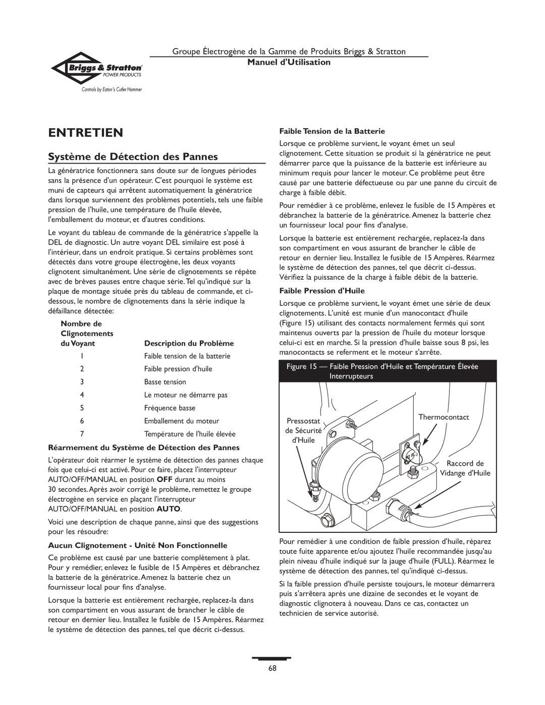 Briggs & Stratton 190839GS owner manual Entretien, Système de Détection des Pannes 