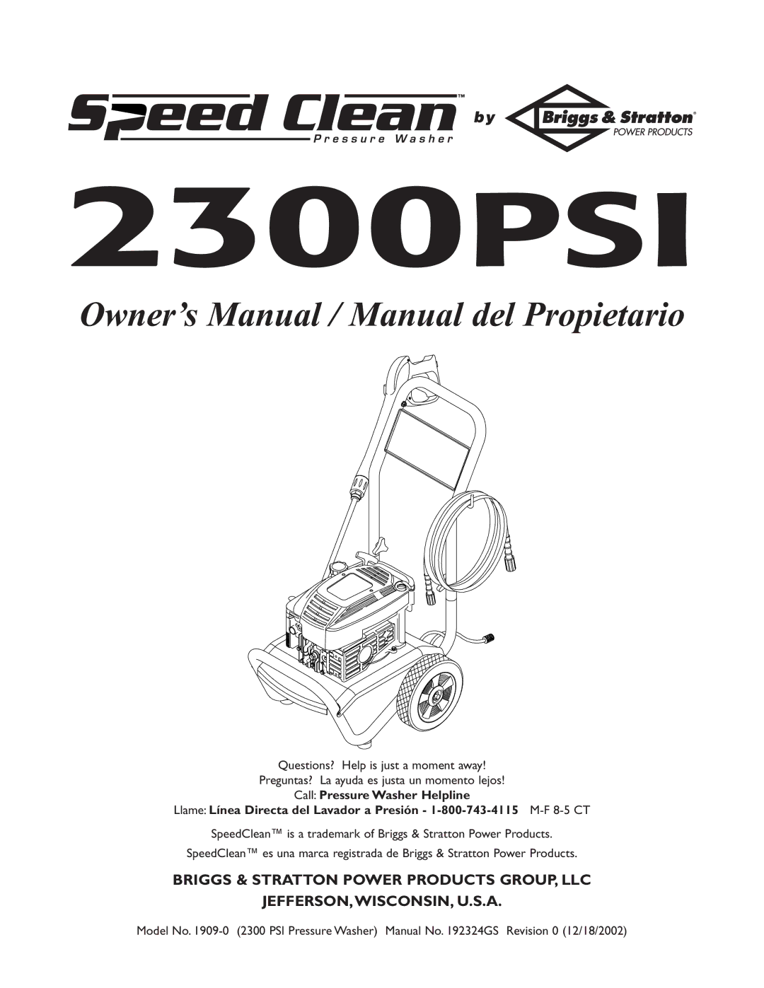 Briggs & Stratton 1909-0 owner manual 2300PSI 