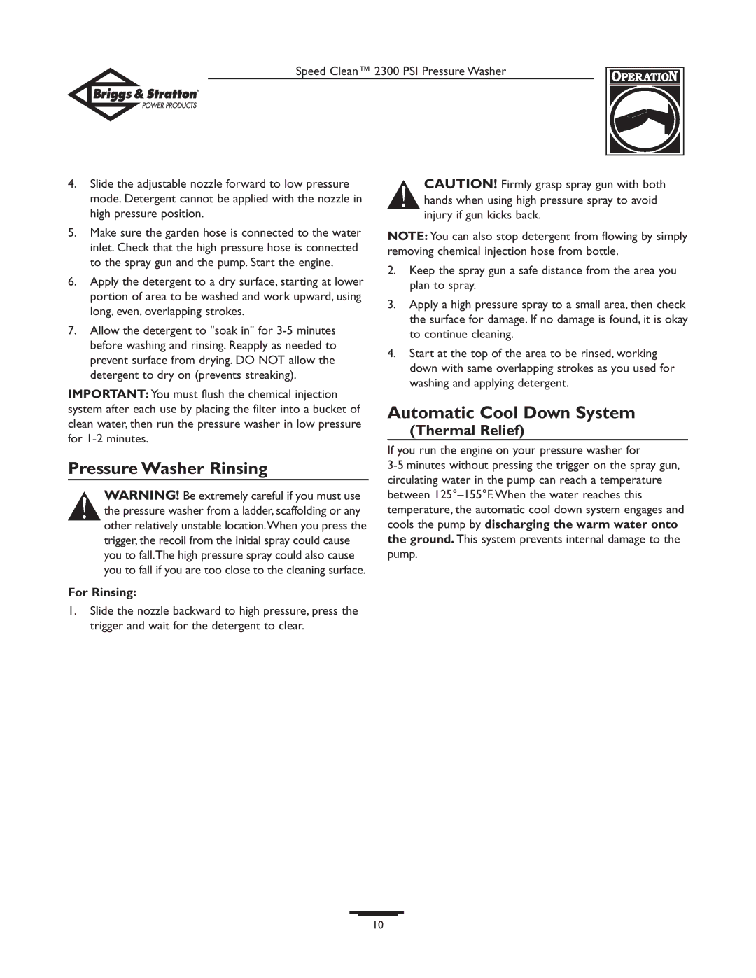 Briggs & Stratton 1909-0 owner manual Pressure Washer Rinsing, Automatic Cool Down System, Thermal Relief, For Rinsing 