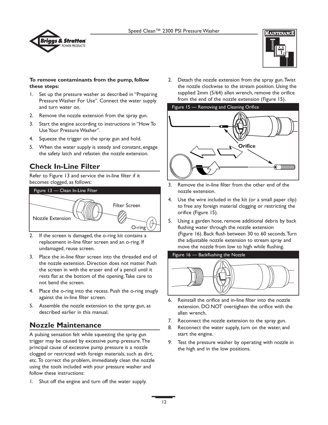 Briggs & Stratton 1909-0 owner manual Check In-Line Filter, Nozzle Maintenance, Orifice 