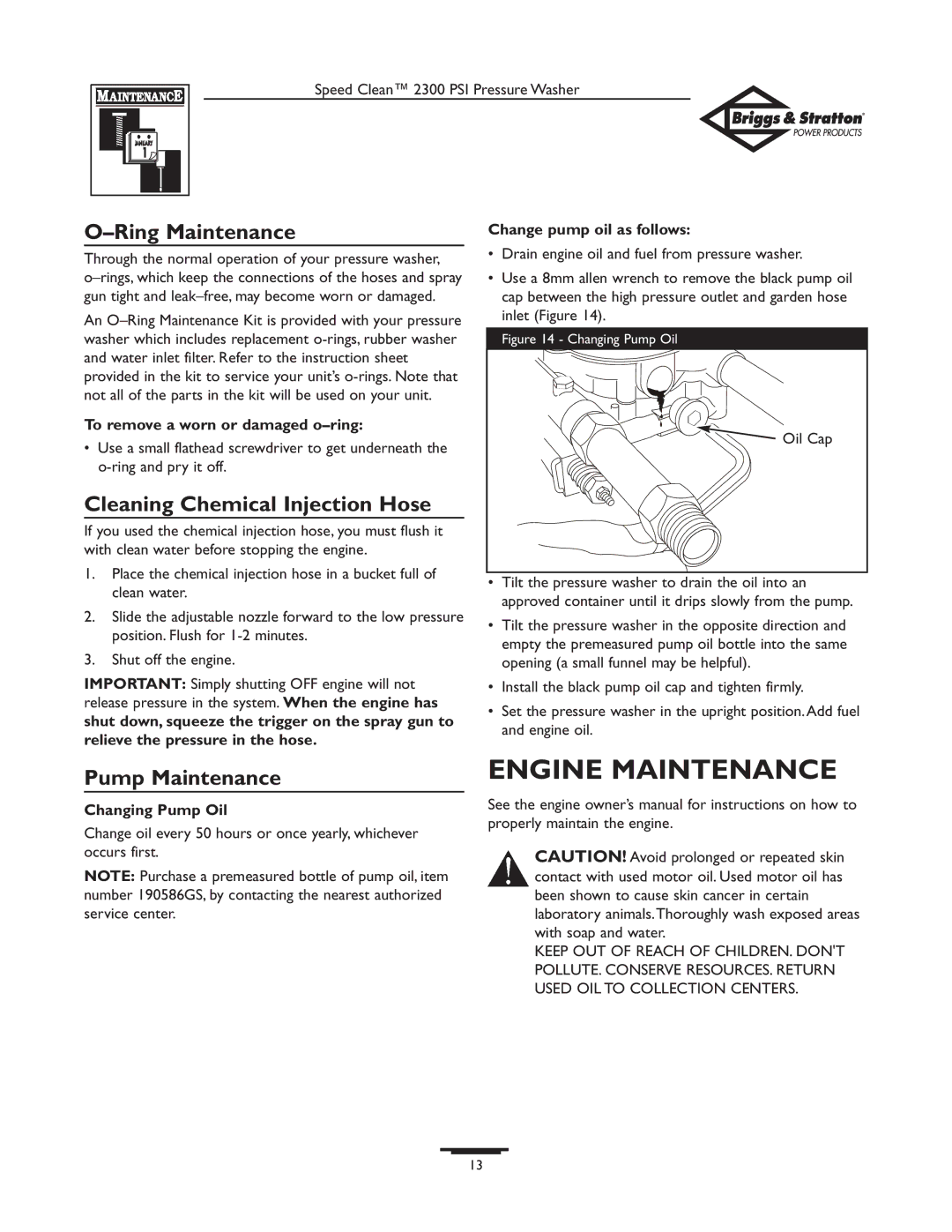 Briggs & Stratton 1909-0 Engine Maintenance, Ring Maintenance, Cleaning Chemical Injection Hose, Pump Maintenance 