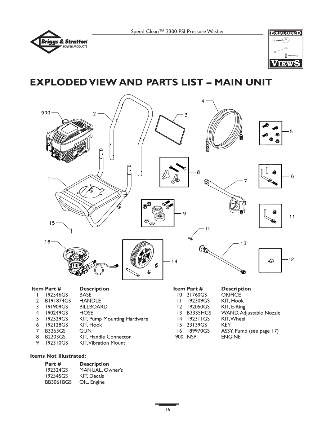 Briggs & Stratton 1909-0 owner manual Exploded View and Parts List Main Unit, Items Not Illustrated Description 