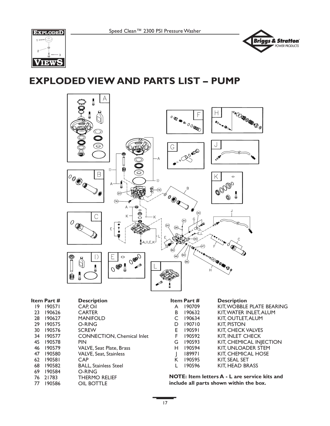 Briggs & Stratton 1909-0 owner manual Exploded View and Parts List Pump, Include all parts shown within the box 