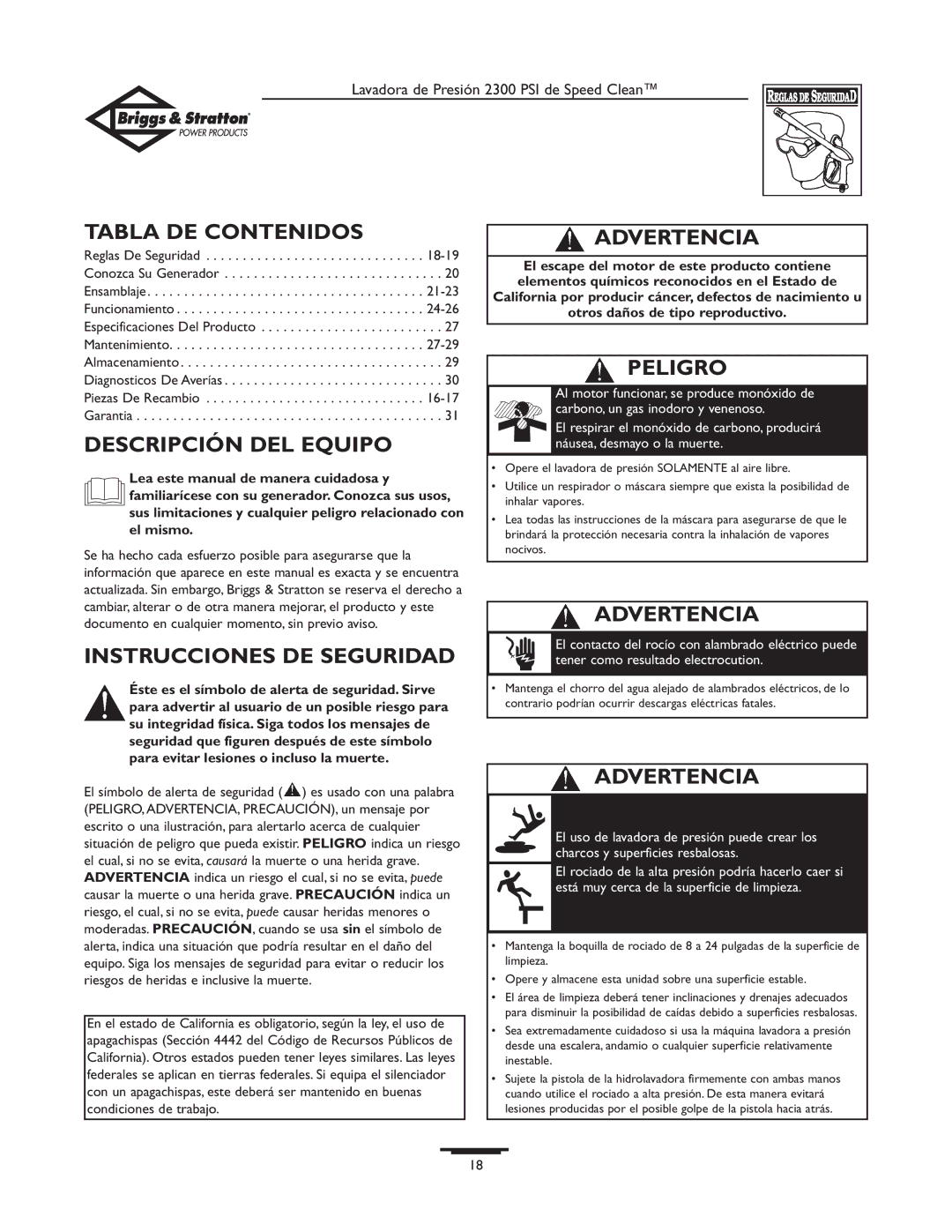 Briggs & Stratton 1909-0 Tabla DE Contenidos, Descripción DEL Equipo, Instrucciones DE Seguridad, Advertencia, Peligro 