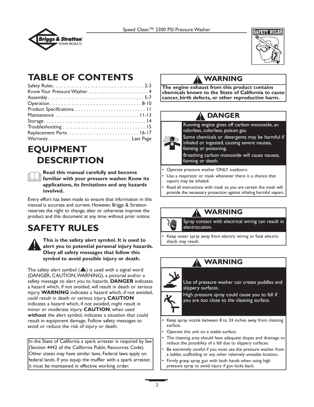 Briggs & Stratton 1909-0 owner manual Table of Contents, Equipment Description, Safety Rules 