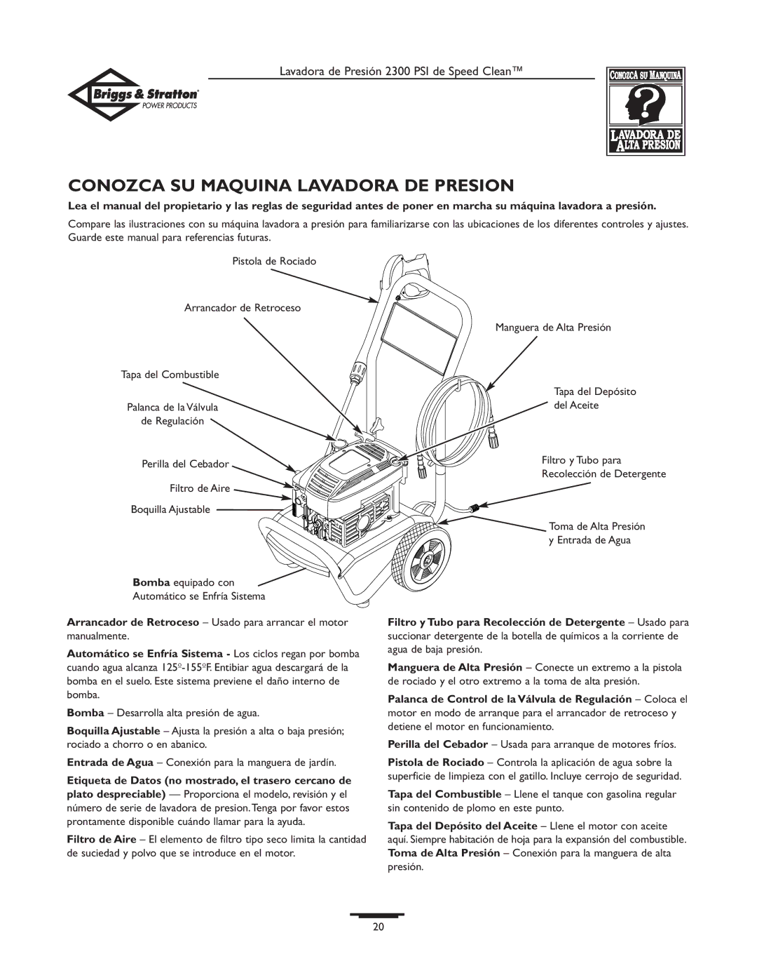 Briggs & Stratton 1909-0 owner manual Conozca SU Maquina Lavadora DE Presion, Filtro de Aire Boquilla Ajustable 