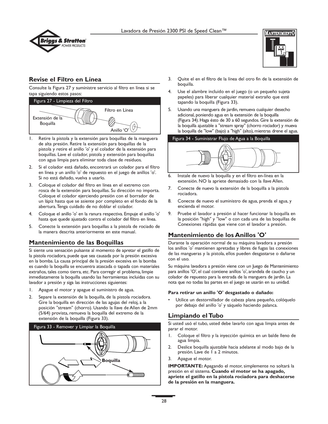 Briggs & Stratton 1909-0 owner manual Revise el Filtro en Línea, Limpiando el Tubo, Boquilla 