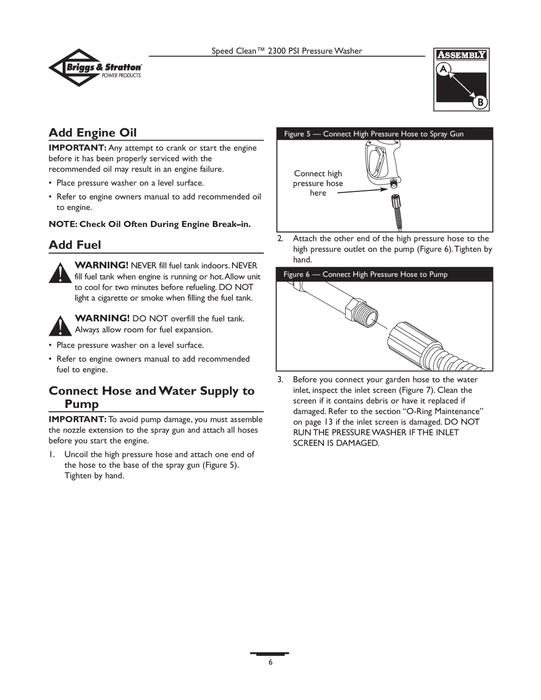 Briggs & Stratton 1909-0 owner manual Add Engine Oil, Add Fuel, Connect Hose and Water Supply to Pump 