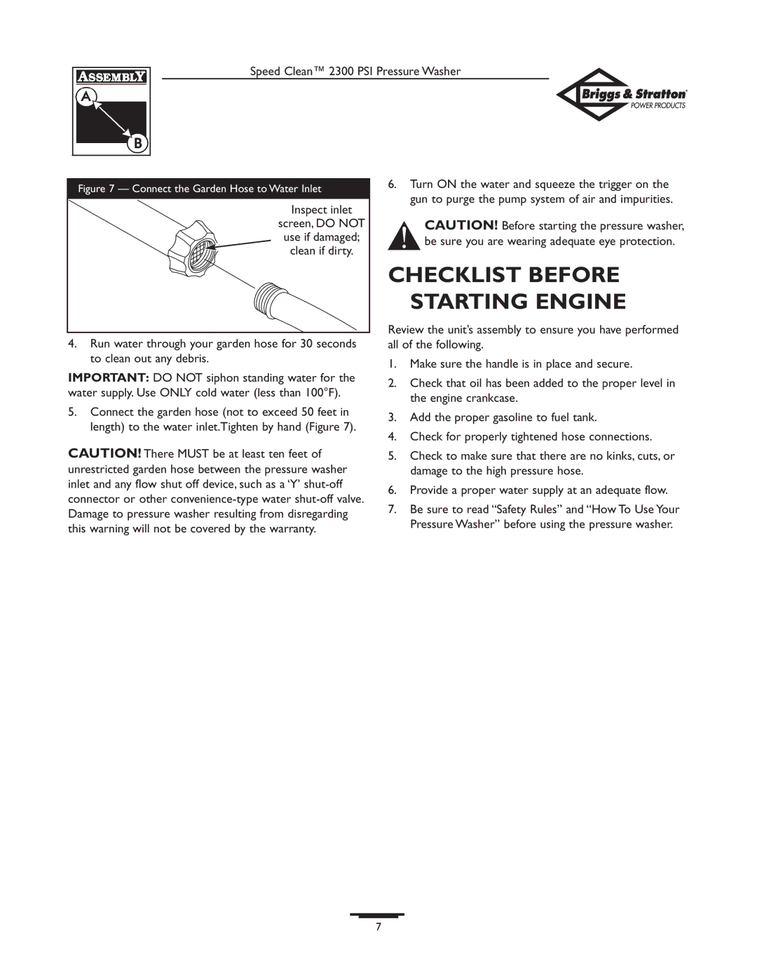 Briggs & Stratton 1909-0 owner manual Checklist Before Starting Engine, Connect the Garden Hose to Water Inlet 