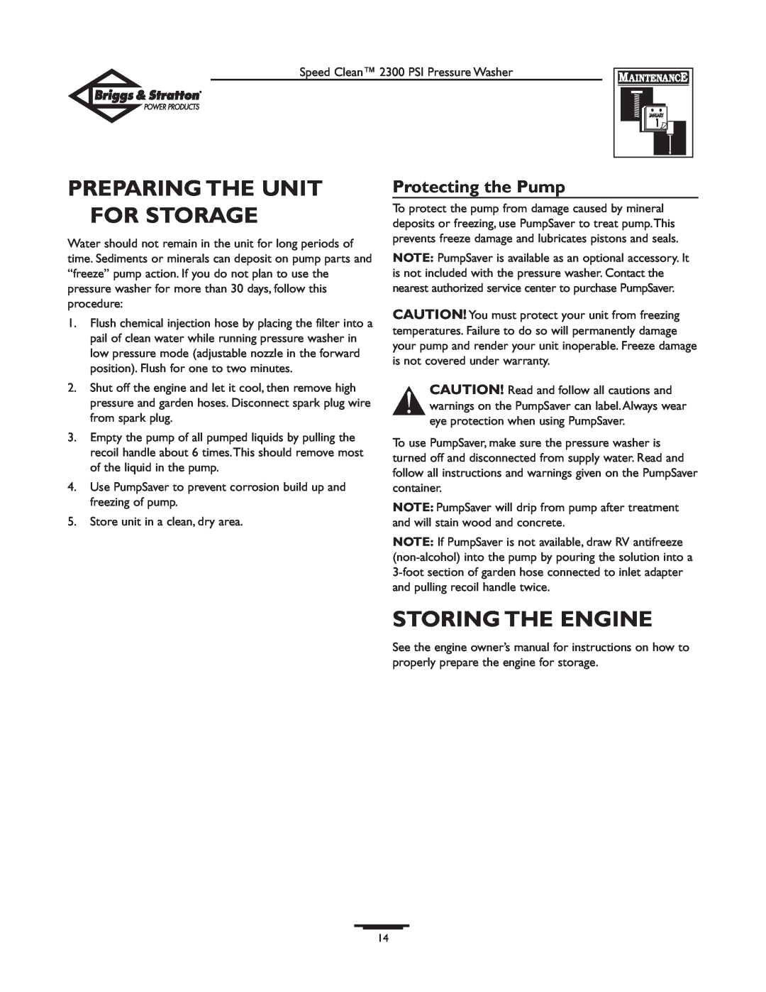 Briggs & Stratton 1909-0 owner manual Preparing The Unit For Storage, Storing The Engine, Protecting the Pump 