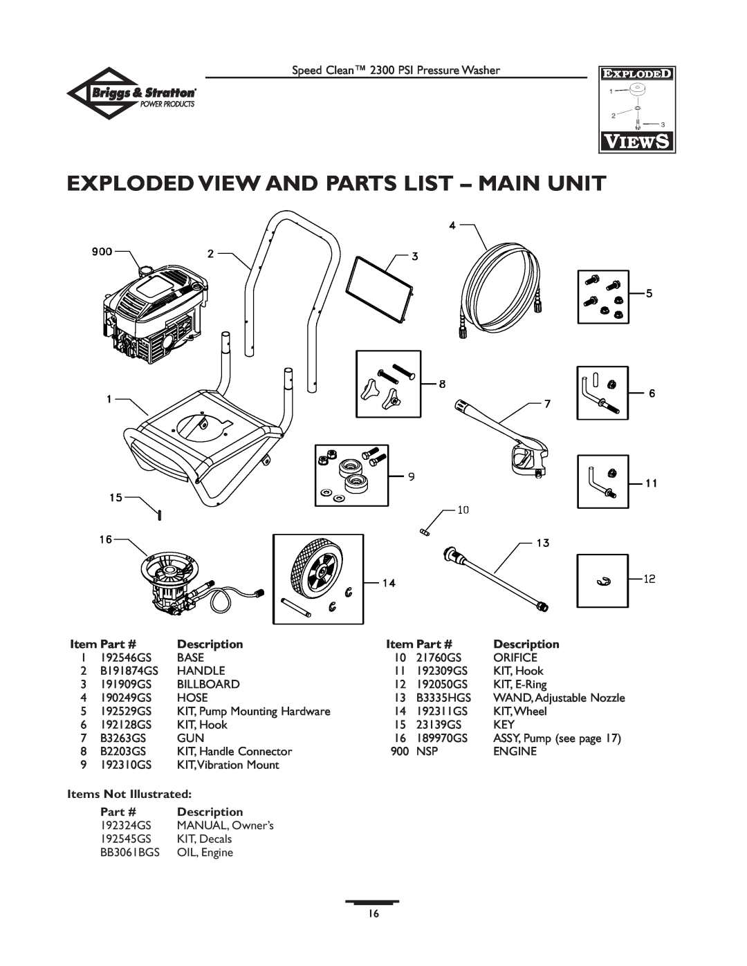 Briggs & Stratton 1909-0 Exploded View And Parts List – Main Unit, Item Part #, Description, Items Not Illustrated 