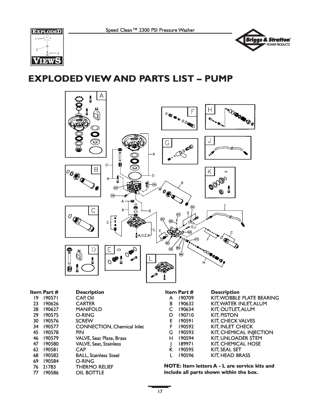Briggs & Stratton 1909-0 Exploded View And Parts List – Pump, NOTE: Item letters A - L are service kits and, Item Part # 