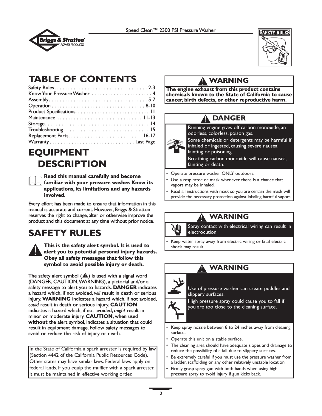 Briggs & Stratton 1909-0 owner manual Table Of Contents, Equipment Description, Safety Rules, Danger 