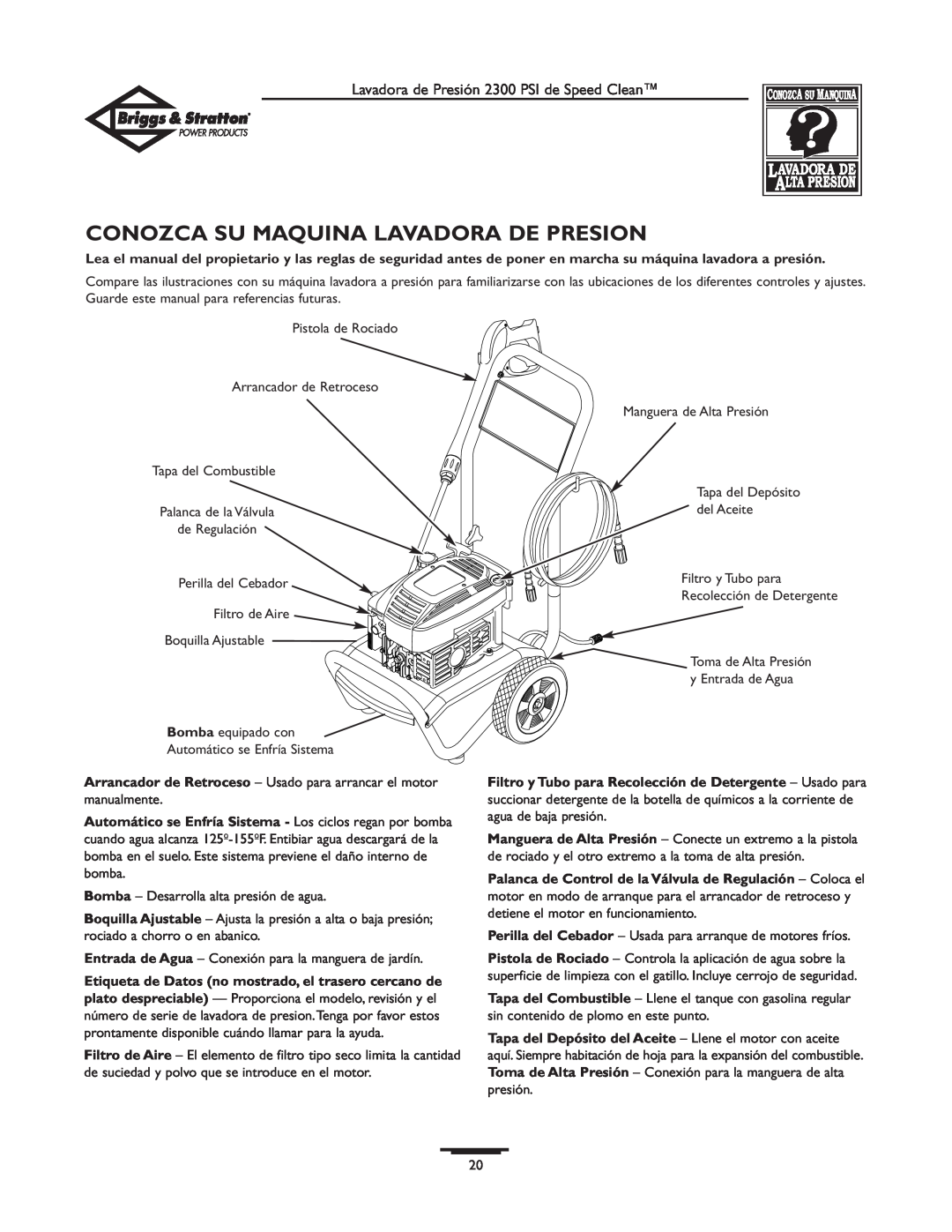 Briggs & Stratton 1909-0 owner manual Conozca Su Maquina Lavadora De Presion 