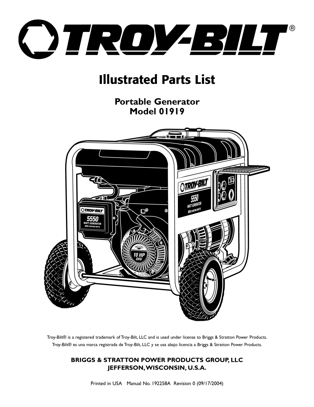 Briggs & Stratton 1919 manual Portable Generator Model, Illustrated Parts List, Jefferson,Wisconsin, U.S.A 