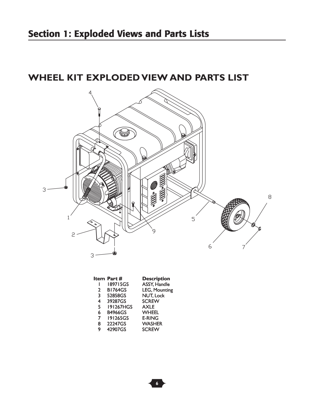 Briggs & Stratton 1919 manual Wheel Kit Exploded View And Parts List, Exploded Views and Parts Lists, Description 