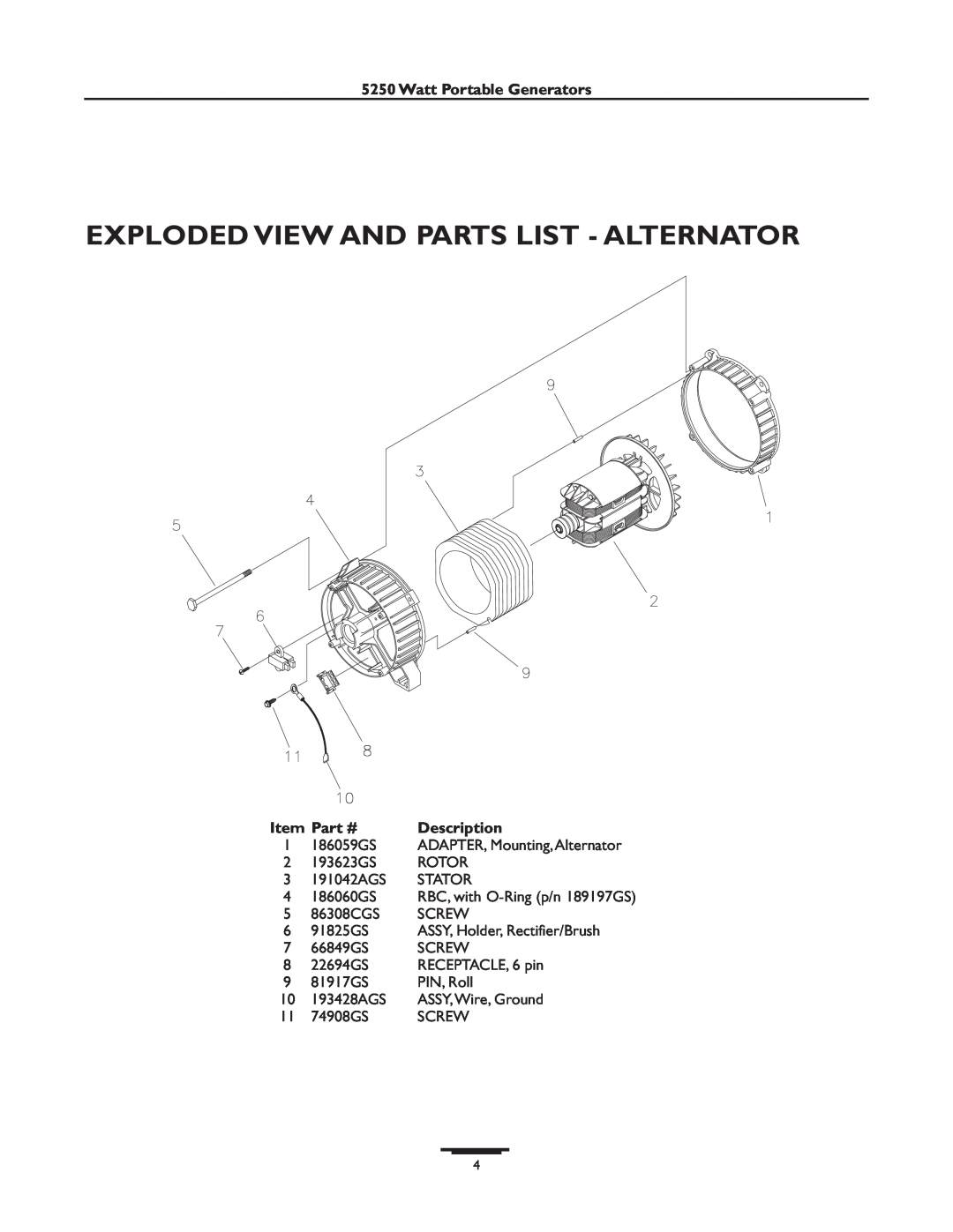 Briggs & Stratton 1971 manual Exploded View And Parts List - Alternator, Watt Portable Generators, Description 