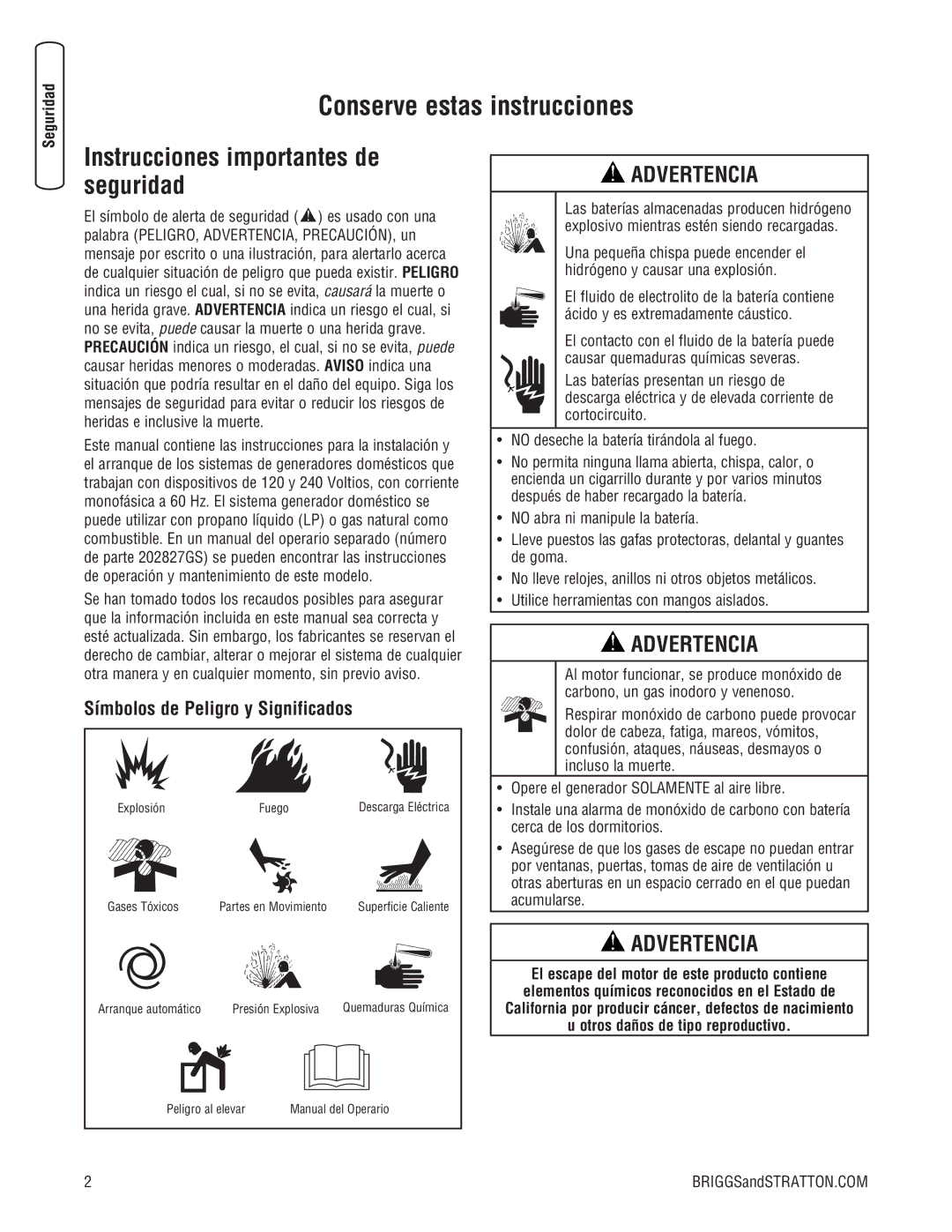 Briggs & Stratton 20000, 18000 manual Conserve estas instrucciones, Símbolos de Peligro y Significados 