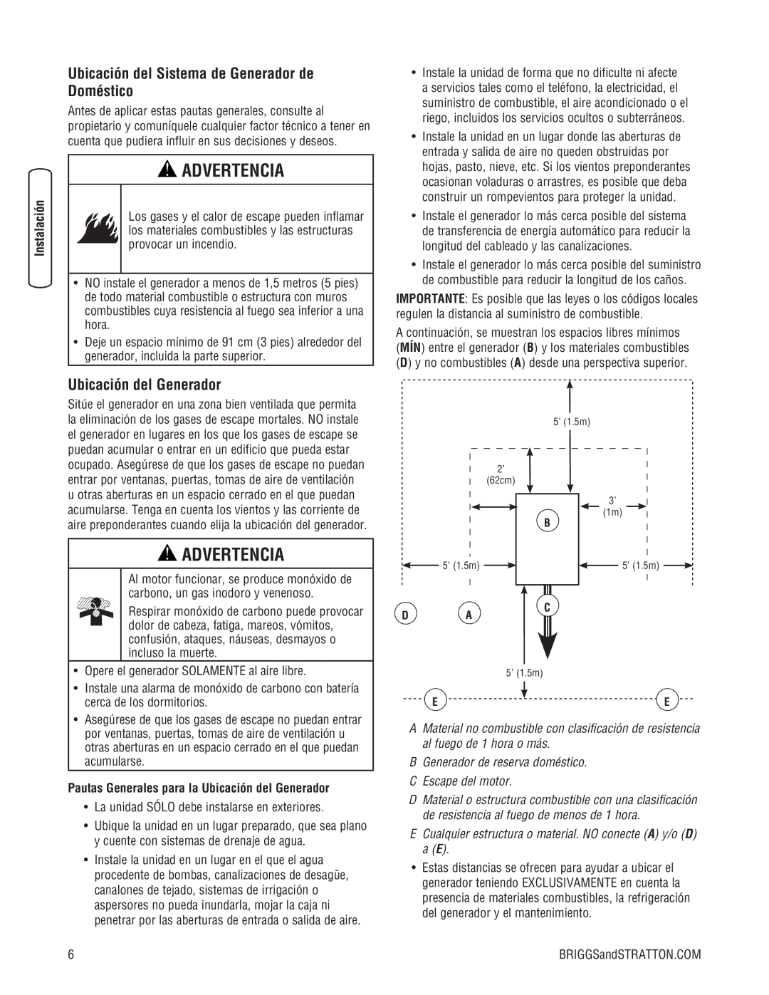 Briggs & Stratton 20000, 18000 manual Ubicación del Sistema de Generador de Doméstico, Ubicación del Generador 