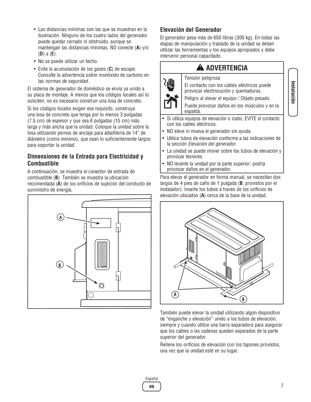 Briggs & Stratton 18000, 20000 manual Dimensiones de la Entrada para Electricidad y Combustible, Elevación del Generador 