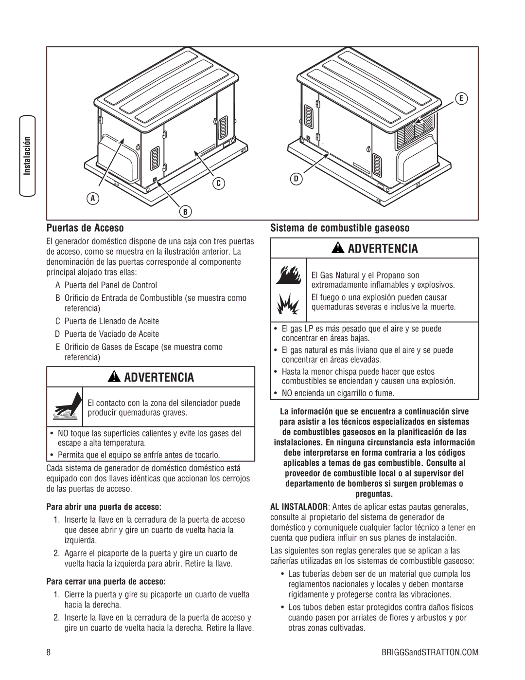 Briggs & Stratton 20000, 18000 manual Puertas de Acceso, Sistema de combustible gaseoso, Para abrir una puerta de acceso 