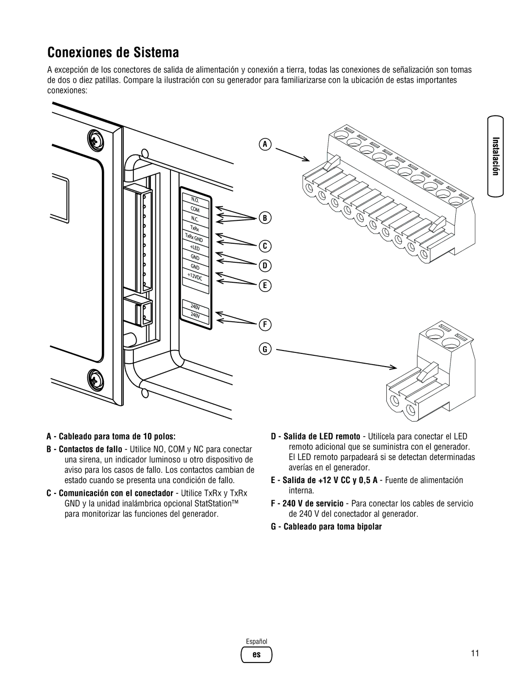 Briggs & Stratton 18000, 20000 manual Conexiones de Sistema, Cableado para toma de 10 polos, Cableado para toma bipolar 