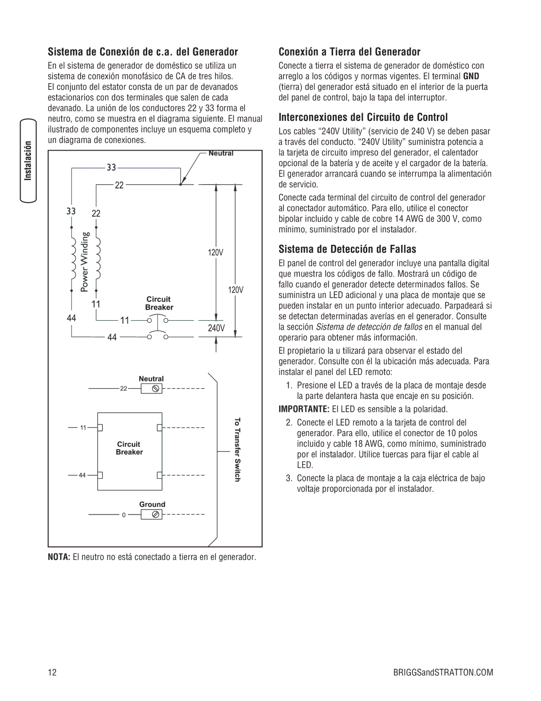 Briggs & Stratton 20000, 18000 manual Sistema de Conexión de c.a. del Generador, Conexión a Tierra del Generador 