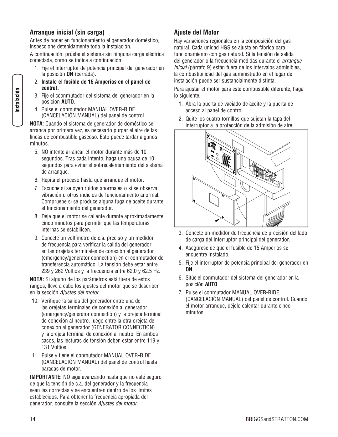 Briggs & Stratton 20000, 18000 manual Arranque inicial sin carga, Ajuste del Motor 