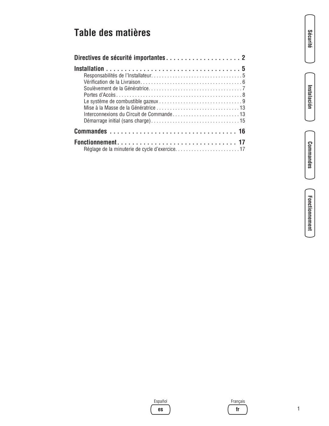 Briggs & Stratton 18000, 20000 manual Directives de sécurité importantes Installation, Commandes Fonctionnement 