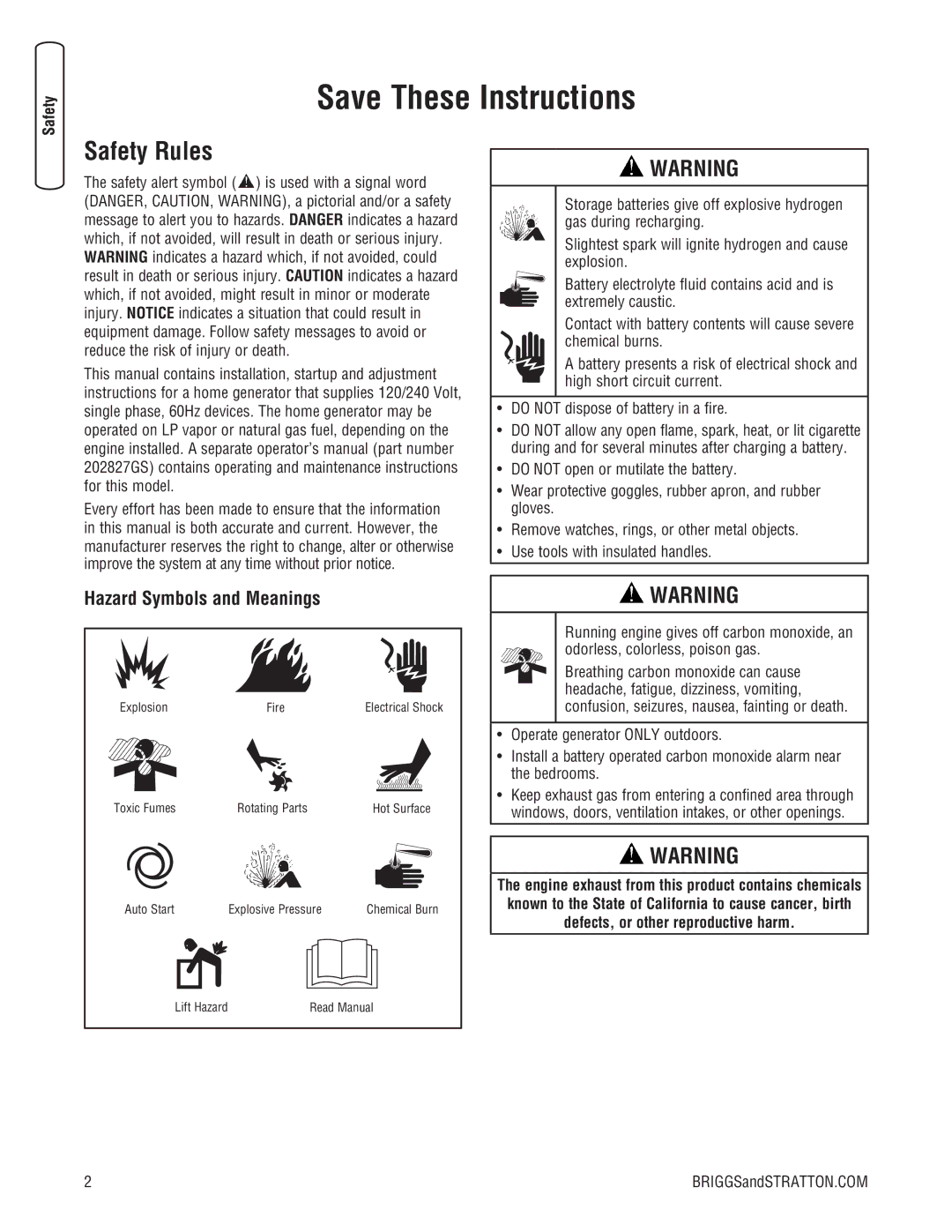 Briggs & Stratton 20000, 18000 manual Safety Rules, Hazard Symbols and Meanings, BRIGGSandSTRATTON.COM 