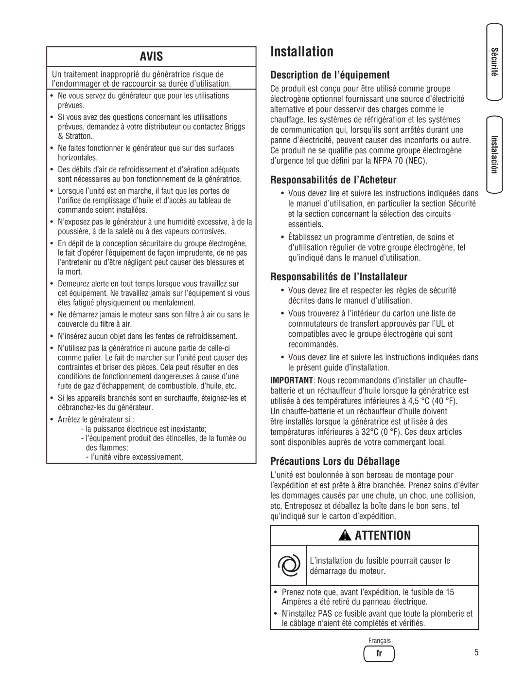 Briggs & Stratton 18000 Description de l’équipement, Responsabilités de l’Acheteur, Responsabilités de l’Installateur 