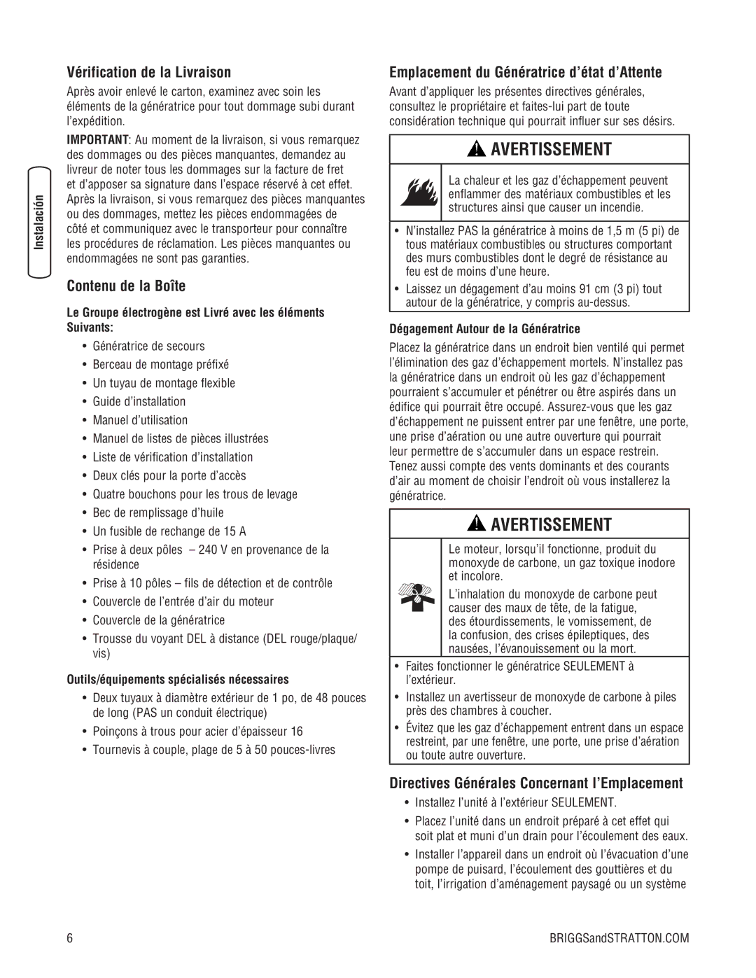 Briggs & Stratton 20000 Vérification de la Livraison, Contenu de la Boîte, Emplacement du Génératrice d’état d’Attente 