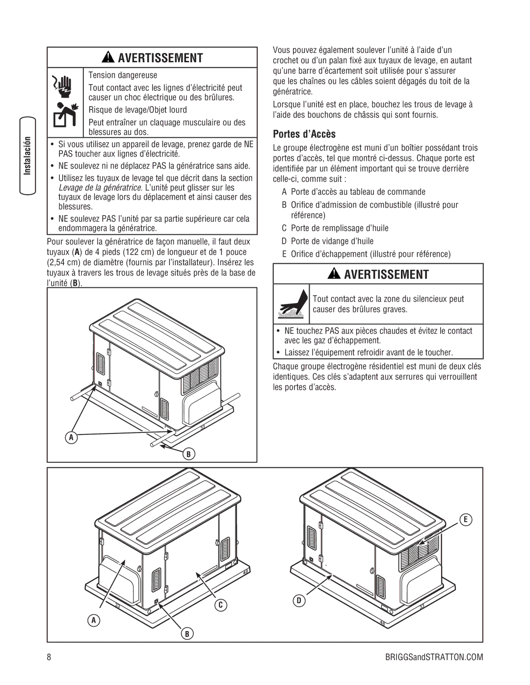 Briggs & Stratton 20000, 18000 manual Portes d’Accès, ’unité B, Fonctionnement Entretien, Dépannage Garantie 