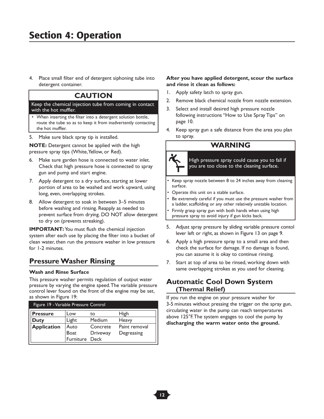 Briggs & Stratton 20209 owner manual Pressure Washer Rinsing, Automatic Cool Down System, Thermal Relief 