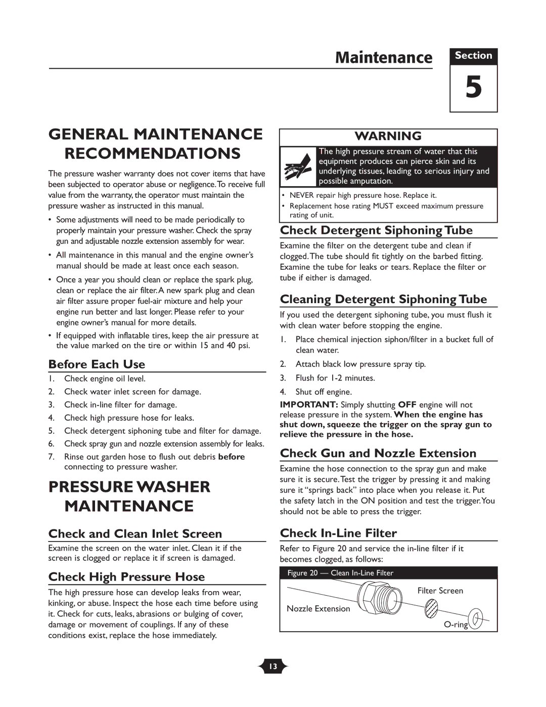 Briggs & Stratton 20209 owner manual Maintenance Section, General Maintenance Recommendations, Pressure Washer Maintenance 