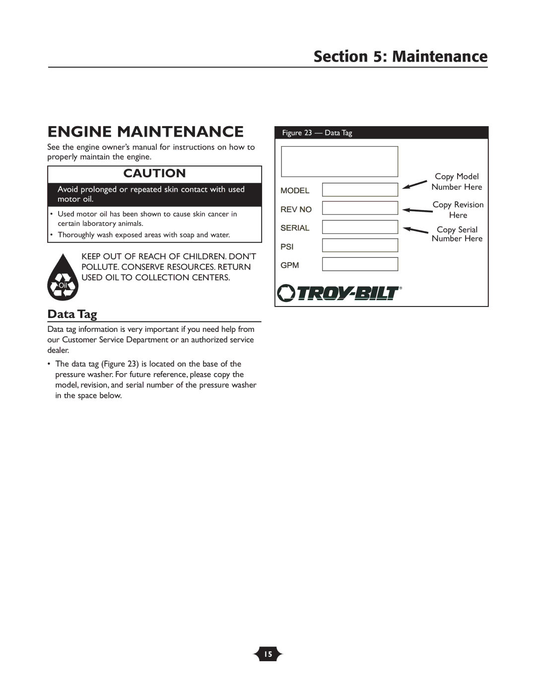 Briggs & Stratton 20209 owner manual Engine Maintenance, Data Tag 