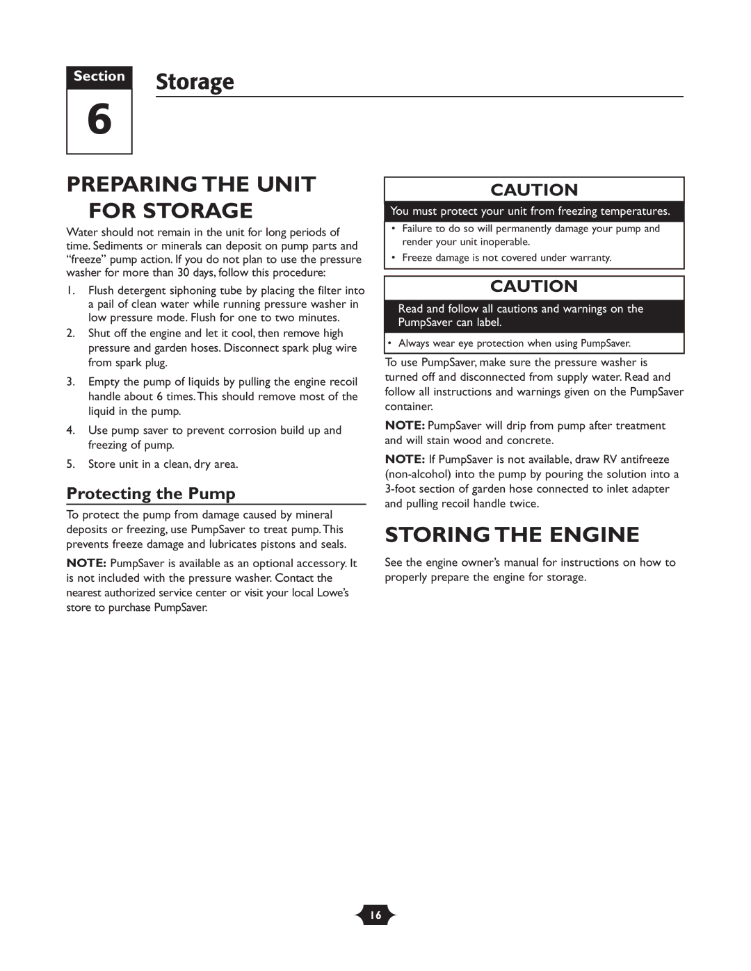 Briggs & Stratton 20209 owner manual Preparing the Unit for Storage, Storing the Engine, Protecting the Pump 