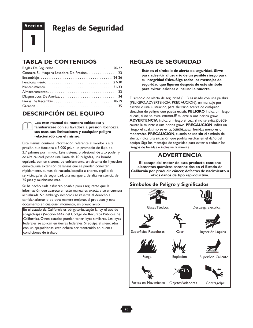 Briggs & Stratton 20209 Reglas de Seguridad, Tabla DE Contenidos, Descripción DEL Equipo, Reglas DE Seguridad, Advertencia 