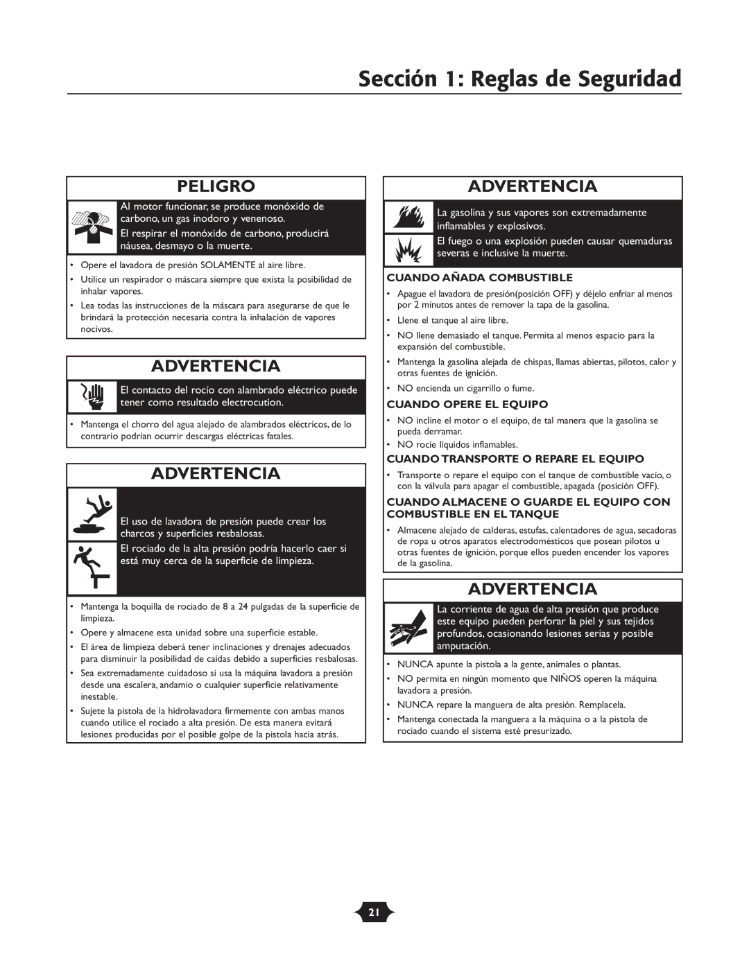 Briggs & Stratton 20209 owner manual Sección 1 Reglas de Seguridad, Peligro 