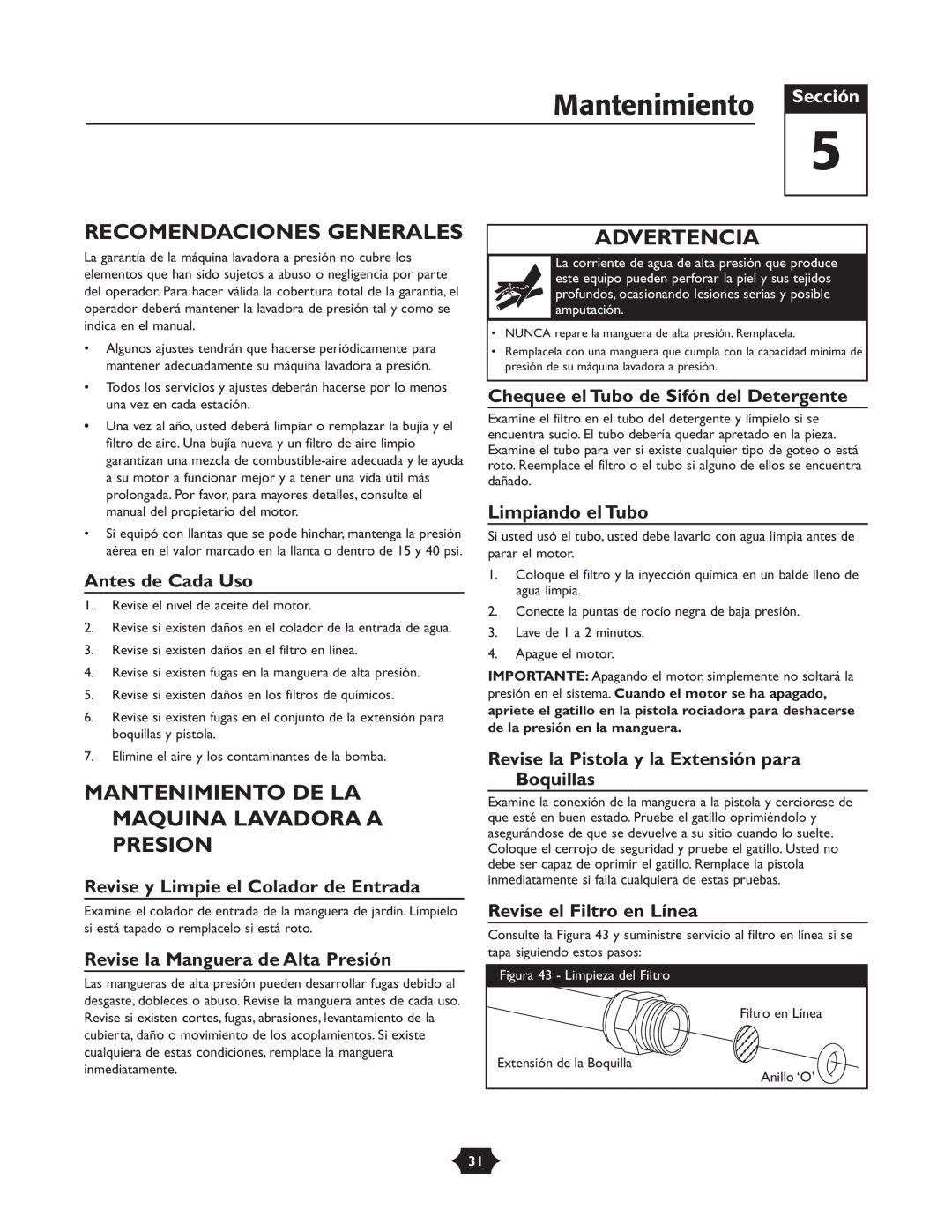 Briggs & Stratton 20209 owner manual Recomendaciones Generales, Mantenimiento DE LA Maquina Lavadora a Presion 