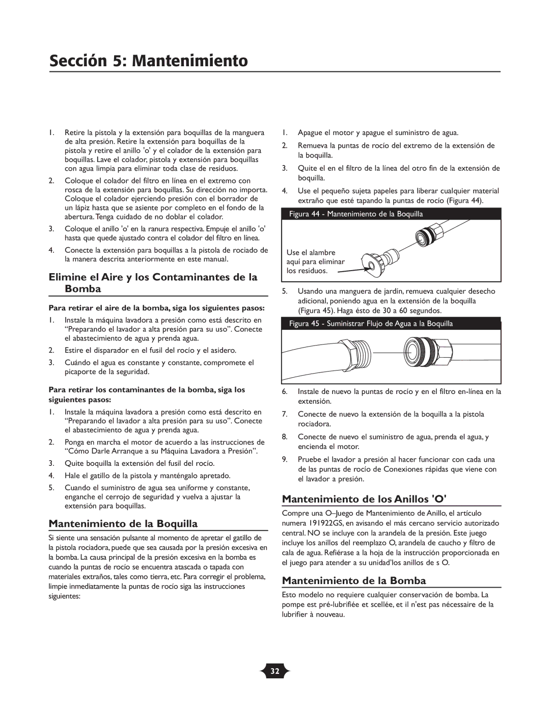 Briggs & Stratton 20209 owner manual Sección 5 Mantenimiento, Elimine el Aire y los Contaminantes de la Bomba 