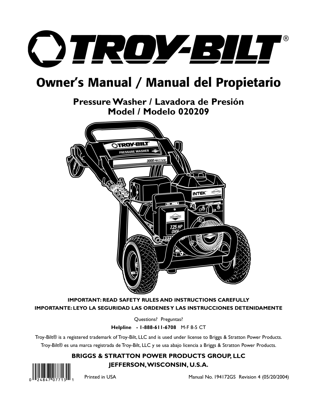 Briggs & Stratton 20209 owner manual Pressure Washer / Lavadora de Presión Model / Modelo, Jefferson,Wisconsin, U.S.A 