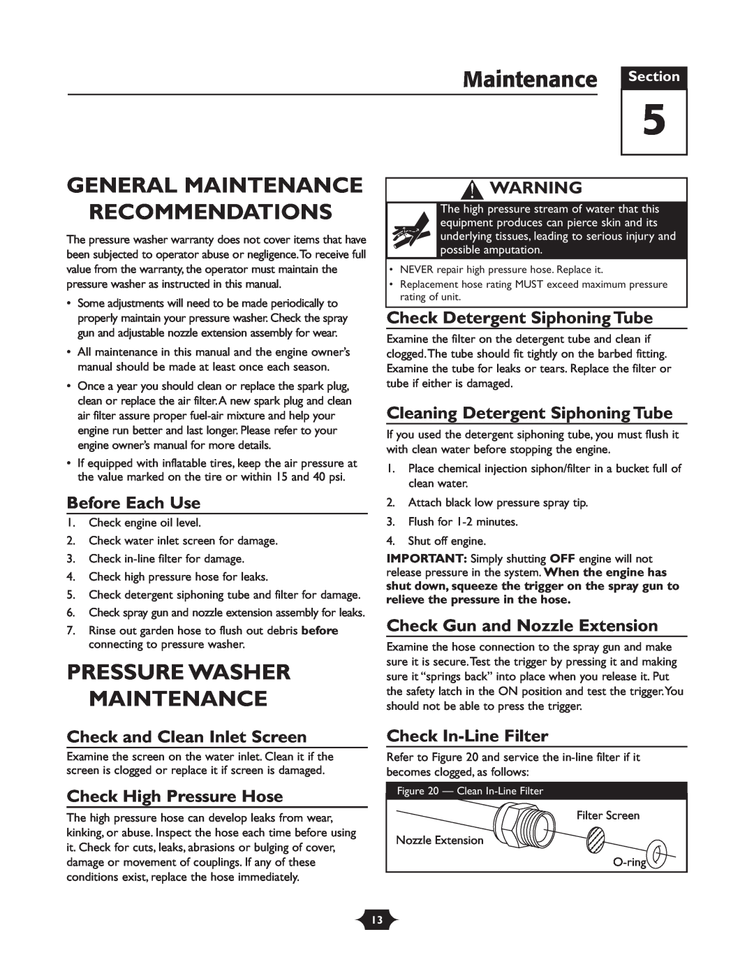 Briggs & Stratton 20209 owner manual Maintenance Section, General Maintenance Recommendations, Pressure Washer Maintenance 