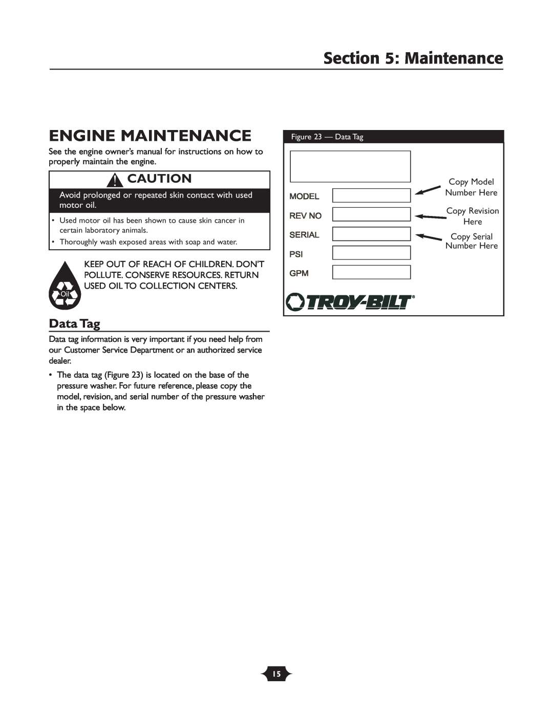 Briggs & Stratton 20209 Engine Maintenance, Data Tag, Avoid prolonged or repeated skin contact with used motor oil 